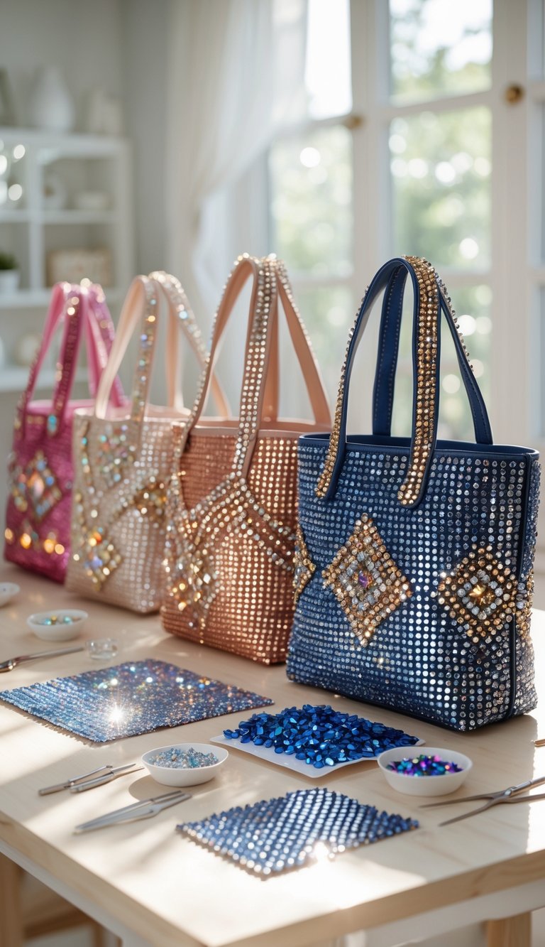 A collection of tote bags decorated with sparkling rhinestones on a table with rhinestone craft supplies nearby.